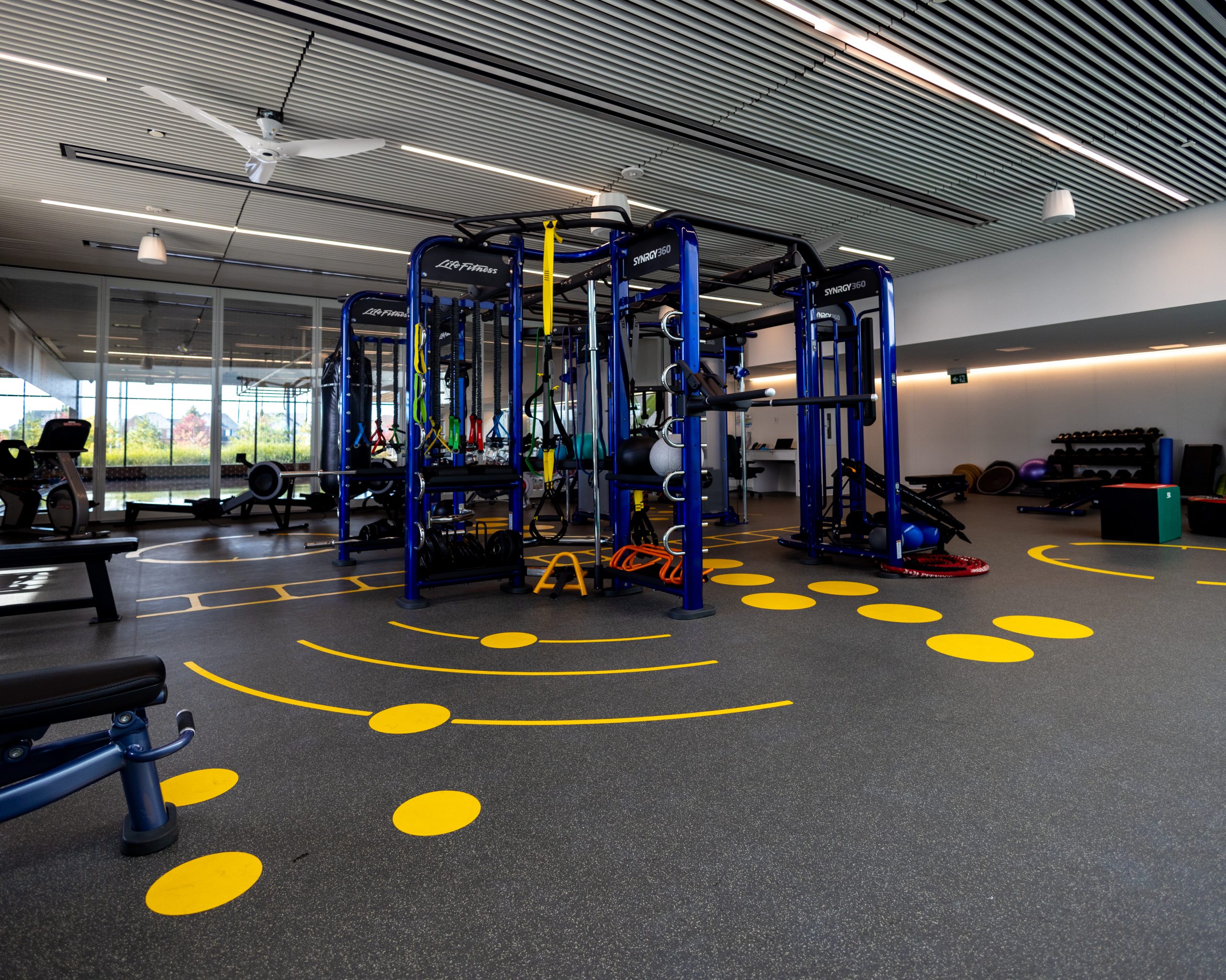 Modern gym with exercise equipment, yellow floor markings, and large windows letting in natural light.