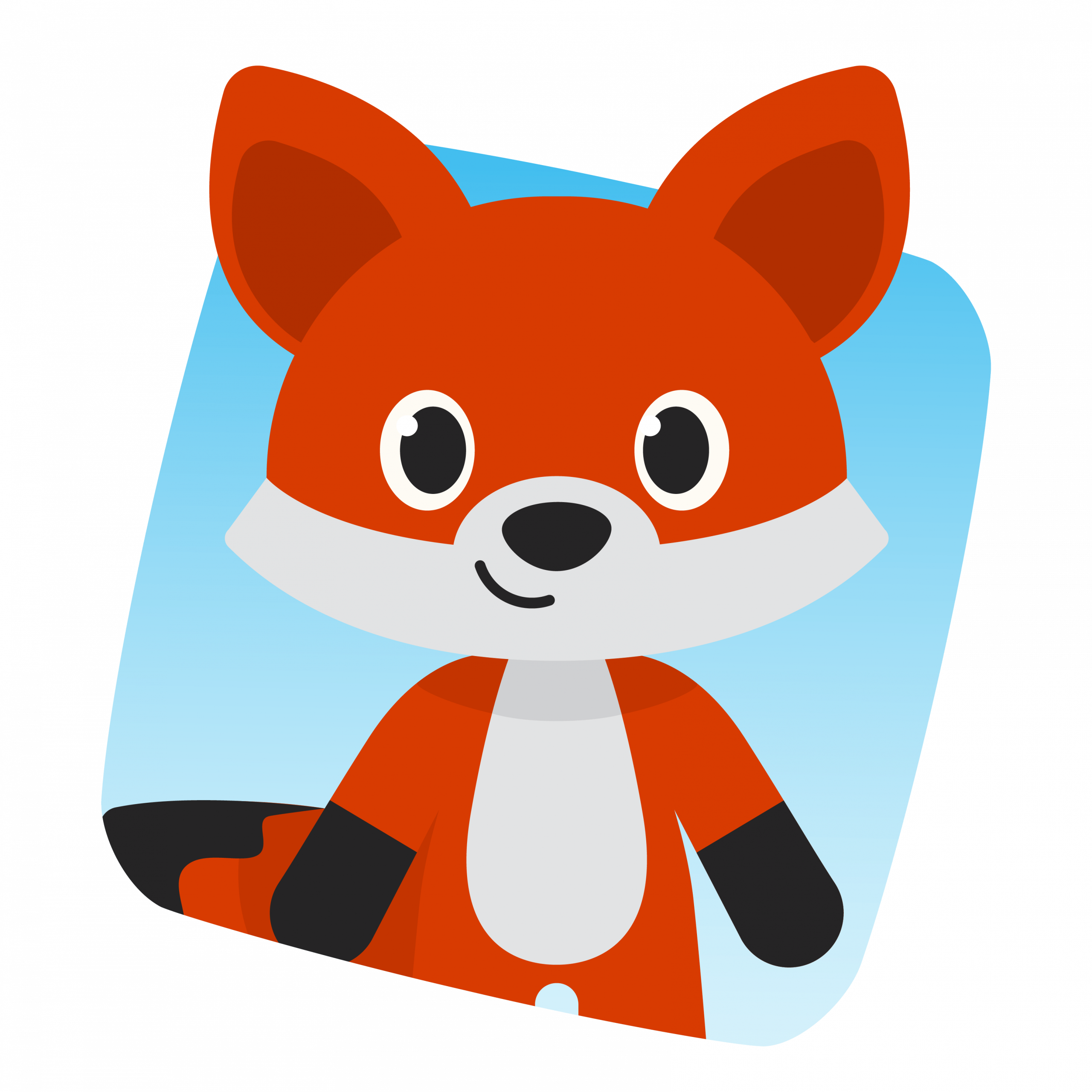 Illustration of a smiling cartoon fox with large eyes, orange fur, and a white belly, on a blue background.