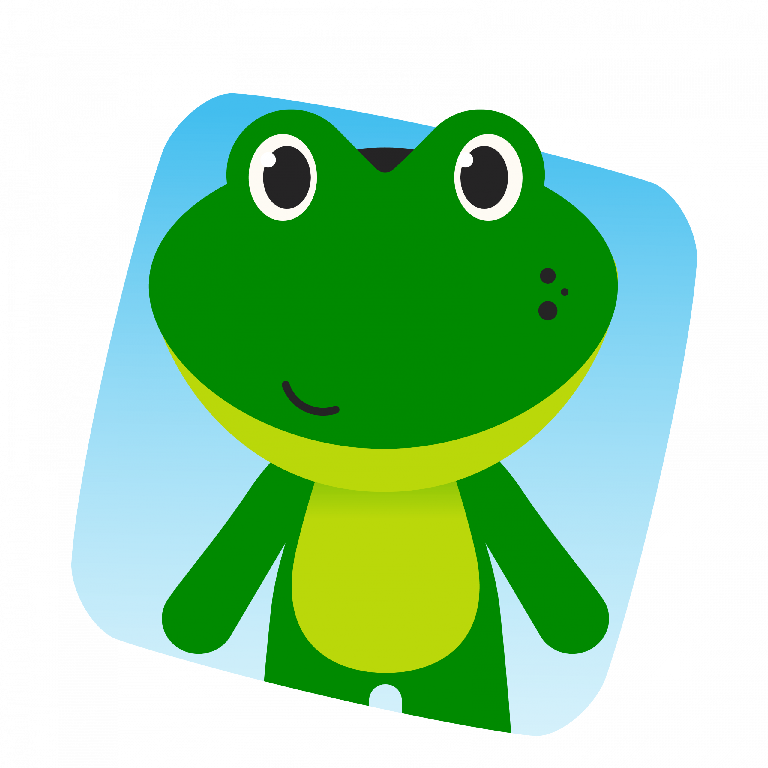 Cartoon illustration of a green frog with a light green belly standing on a blue background.