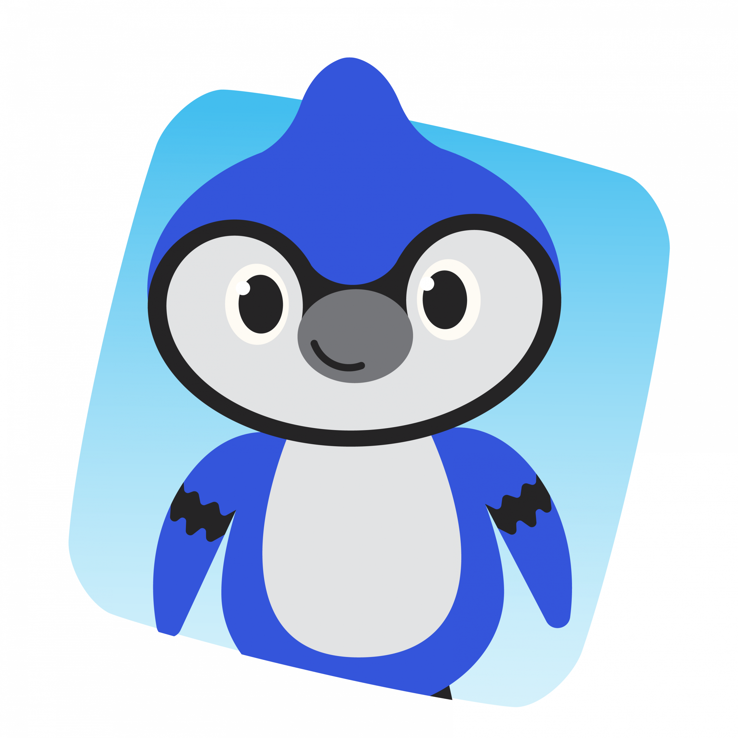 Cartoon illustration of a blue and white bird with large eyes, a grey beak, and a rounded body on a blue background.