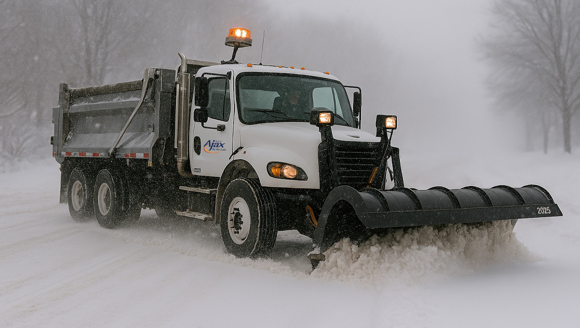 A snow plough lorry clearing a snow-covered road during a winter storm with headlights and warning lights on.