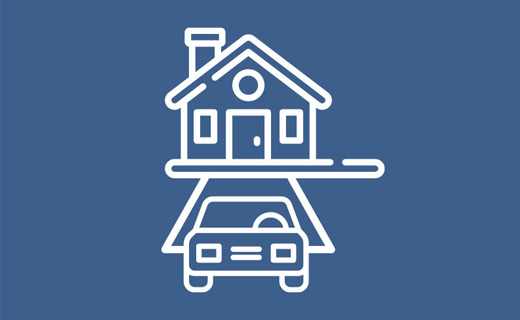 White line drawing of a house above a car, resembling a garage, on a solid blue background.