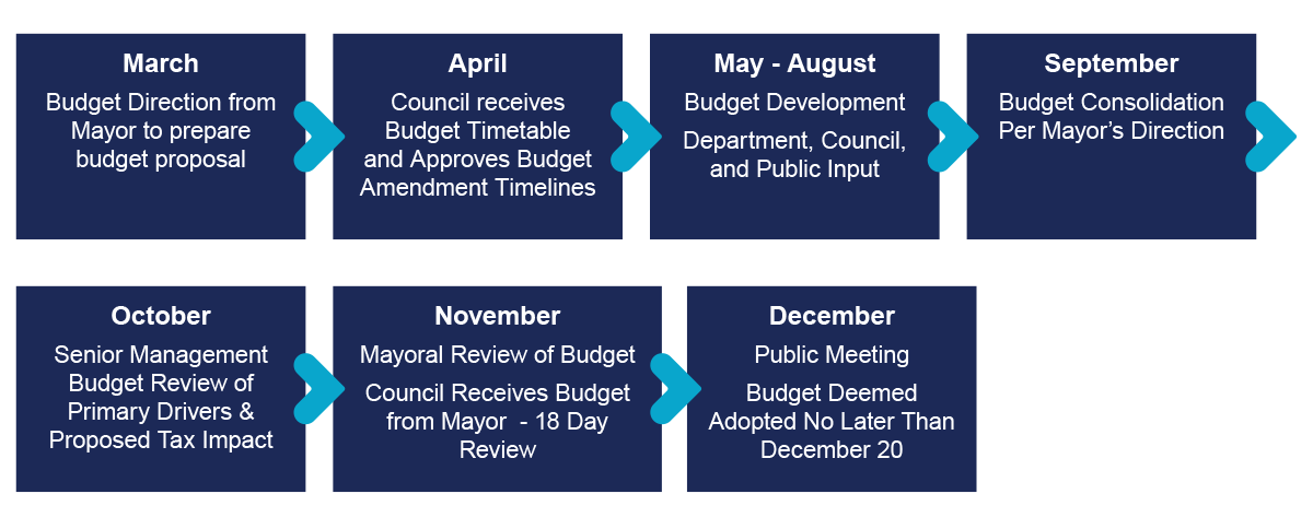 A timeline showing monthly steps in a city's annual budget process from March to December.