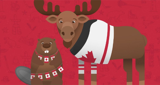 Illustration of a beaver and moose wearing Canadian-themed clothing on a red background with Canadian icons.