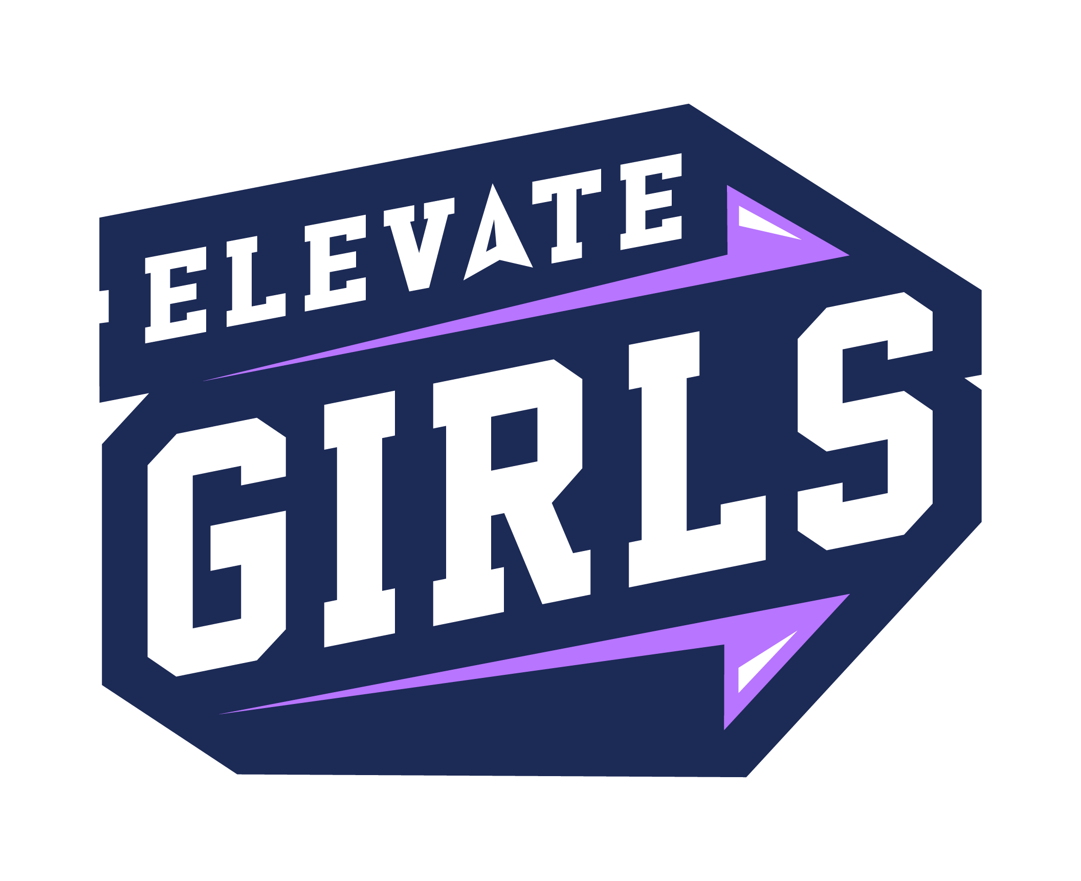 Logo with the words "Elevate Girls" in bold white letters on a navy blue background with purple accents.