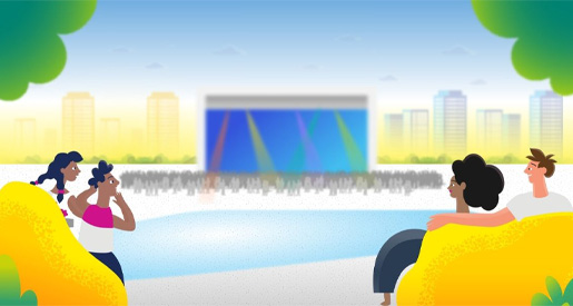 Cartoon people sitting on yellow benches near water, watching a distant stage with a city skyline in the background.