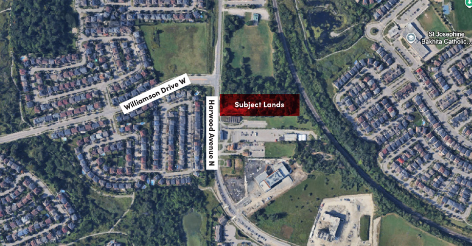 Aerial map view showing "Subject Land" area bordered by Haywood Ave N and Williamson Drive W.