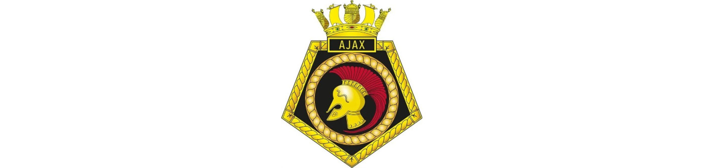 A gold and black naval crest featuring a helmeted warrior’s head profile and the word “AJAX” at the top.
