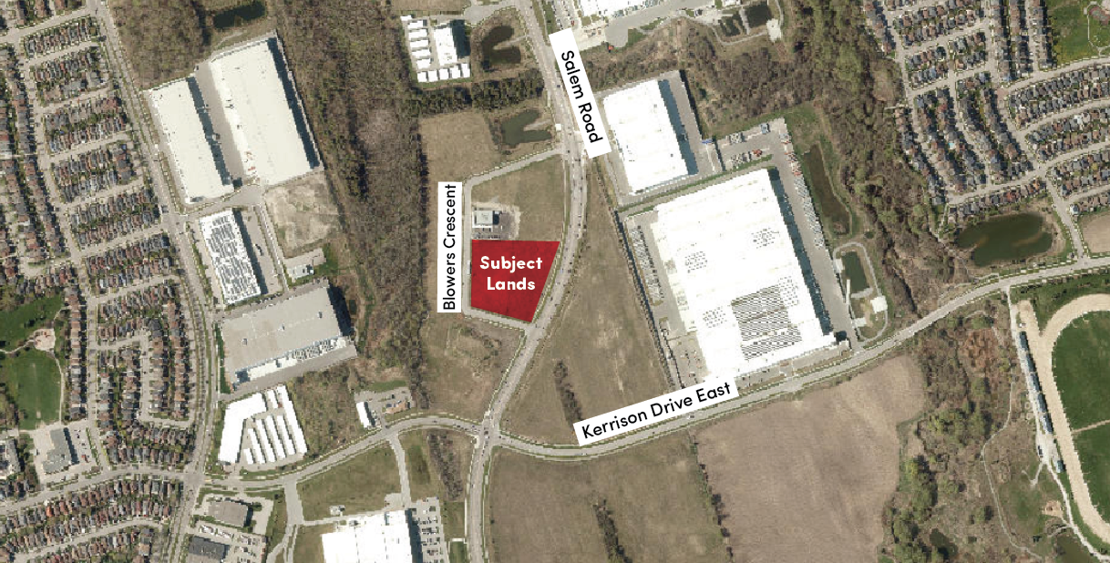 Aerial view highlighting a triangular "Subject Land" area at the corner of Salem Road and Kerrison Drive East.