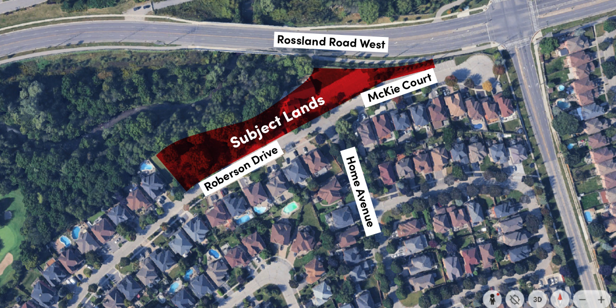 Aerial view showing a highlighted area labelled "Subject Lands" between residential streets and Rossland Road West.
