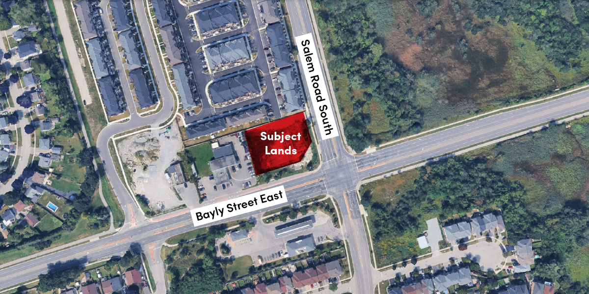 Aerial view highlighting "Subject Land" at the junction of Salem Road South and Bayly Street East in an urban area.