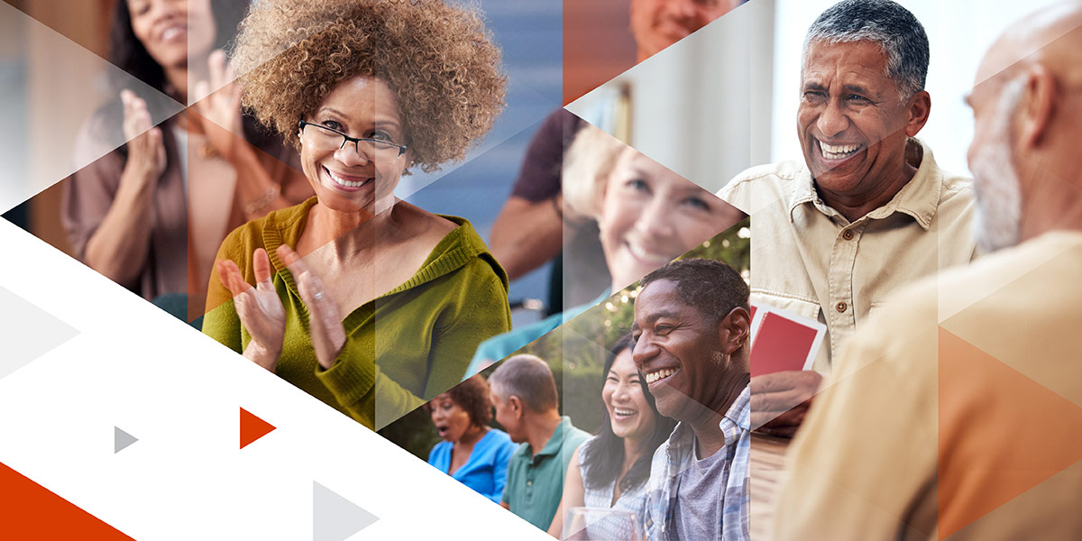Collage of diverse adults smiling, laughing, and socialising in group settings.