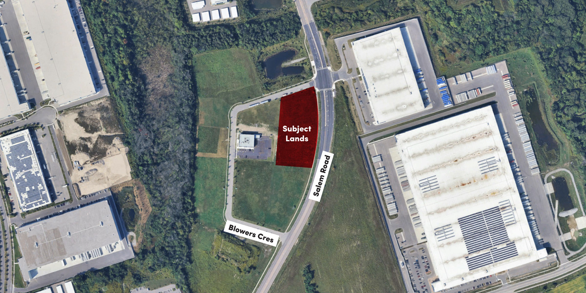 Aerial view showing “Subject Lands” marked in red at the corner of Salem Road and Blowers Crescent amid industrial buildings.