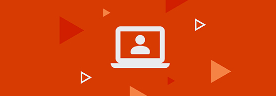 White laptop icon with user symbol on orange background with red and white triangles.