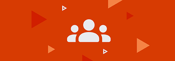 White group icon with three people on an orange background with scattered light and dark orange triangle shapes.