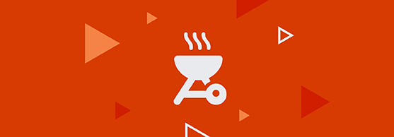 White barbecue grill icon with steam lines on an orange background with variously sized triangles.