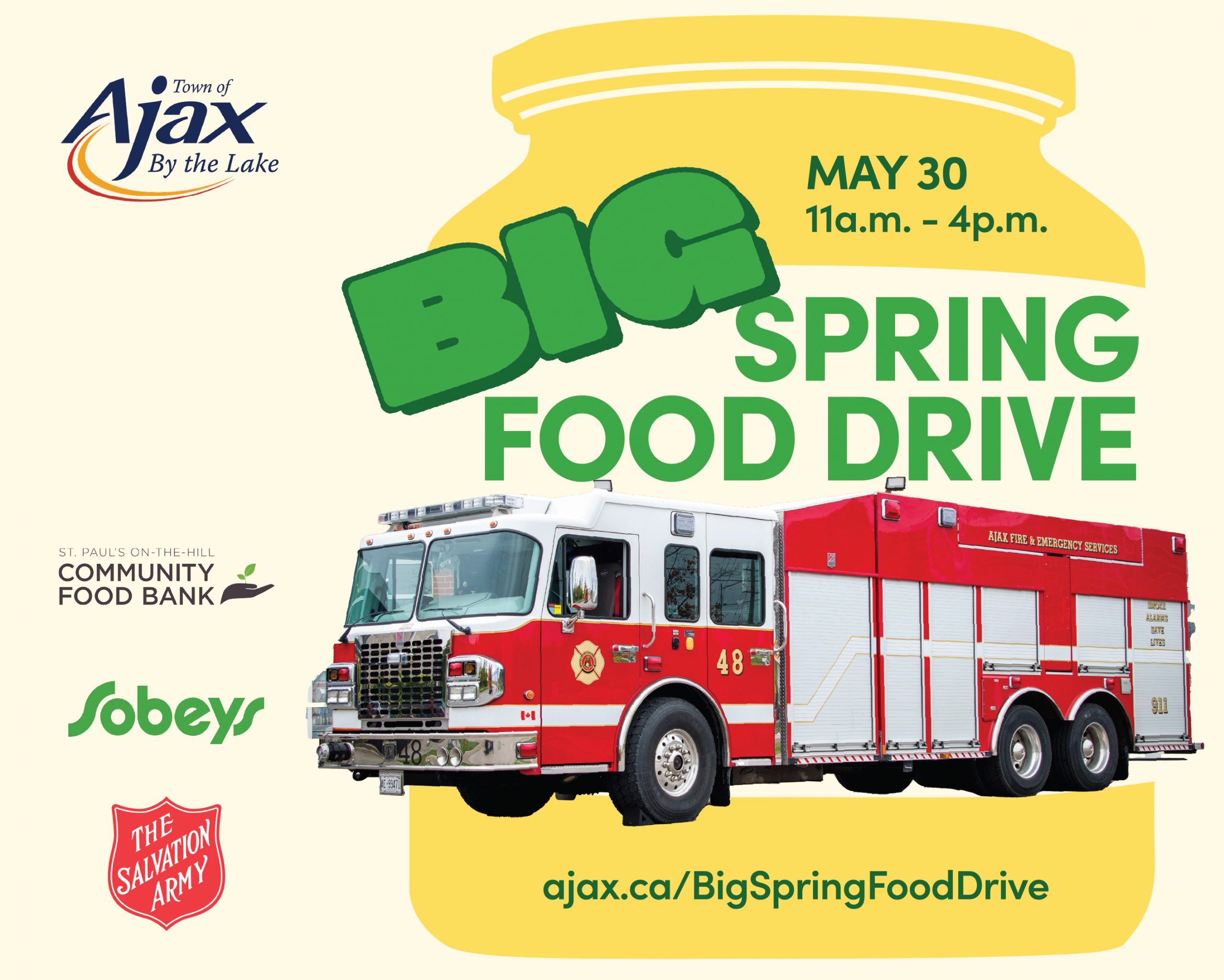 A fire engine is featured on a poster for the Ajax Big Spring Food Drive, taking place 30 May from 11 a.m. to 4 p.m.