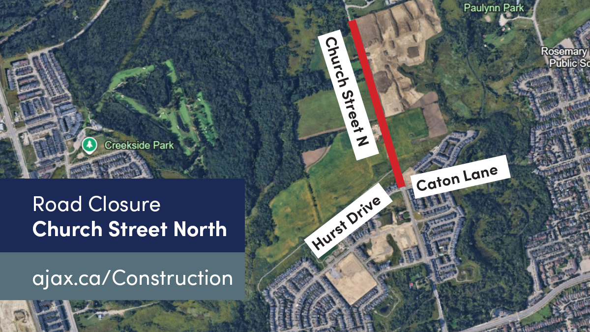 Aerial map showing a road closure on Church Street North between Hurst Drive and Caton Lane in Ajax.