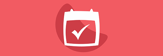 White calendar icon with a tick in the centre, set against a solid red background.