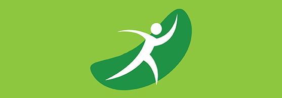 White stick figure in an active pose over a green bean-shaped background on a light green field.