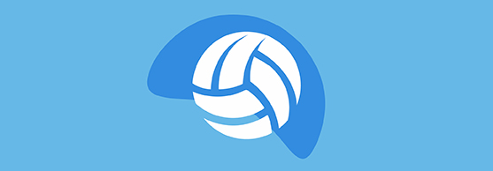 A white volleyball partially overlain by a blue liver-shaped graphic on a light blue background.