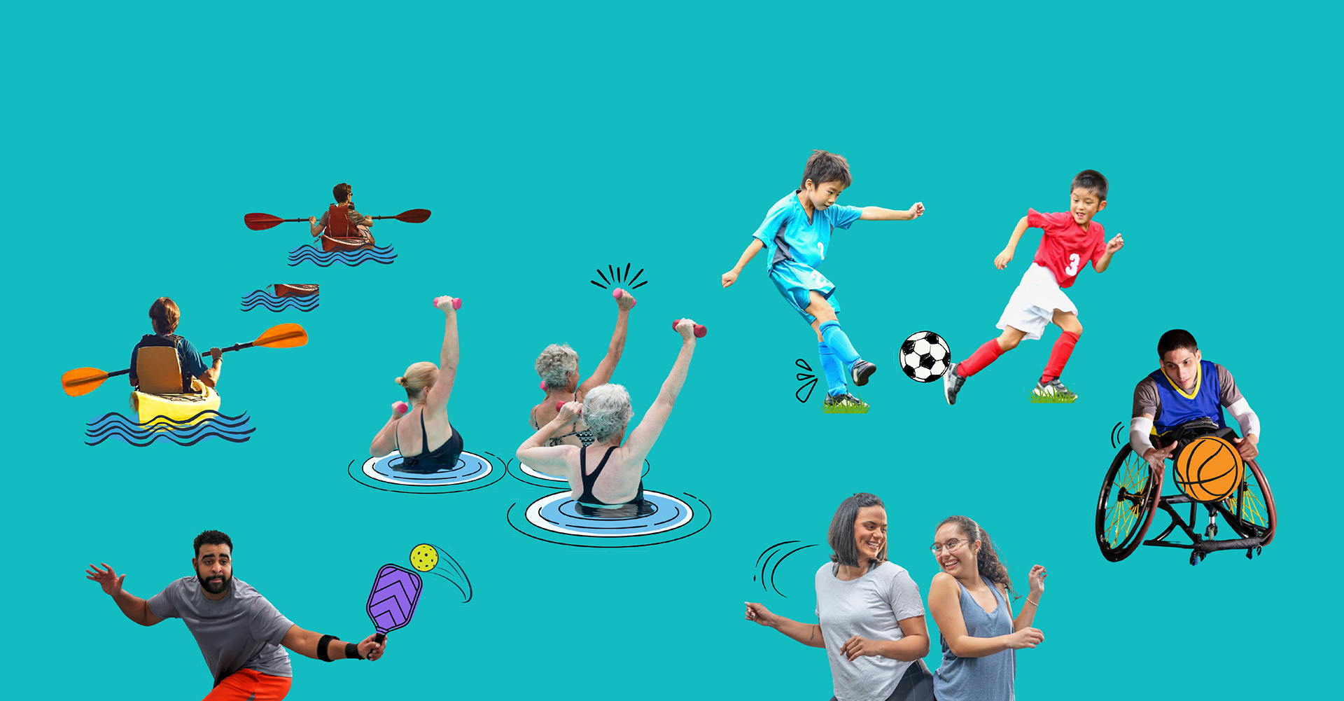 Collage of people kayaking, swimming, playing football, pickleball, basketball in a wheelchair, and jogging on a blue background.