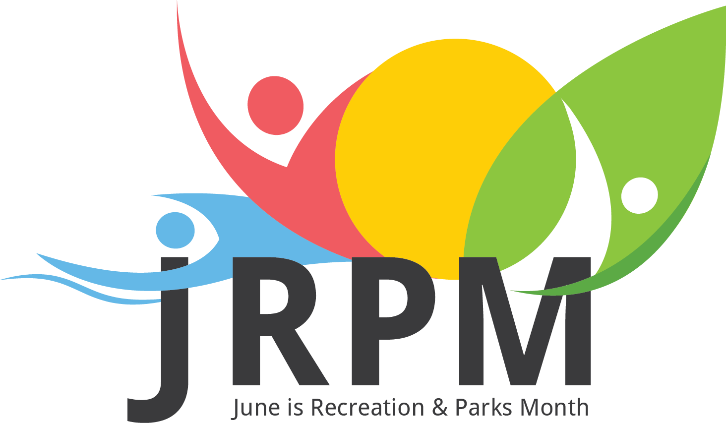 JRPM logo with colourful abstract figures and text reading "June is Recreation & Parks Month."