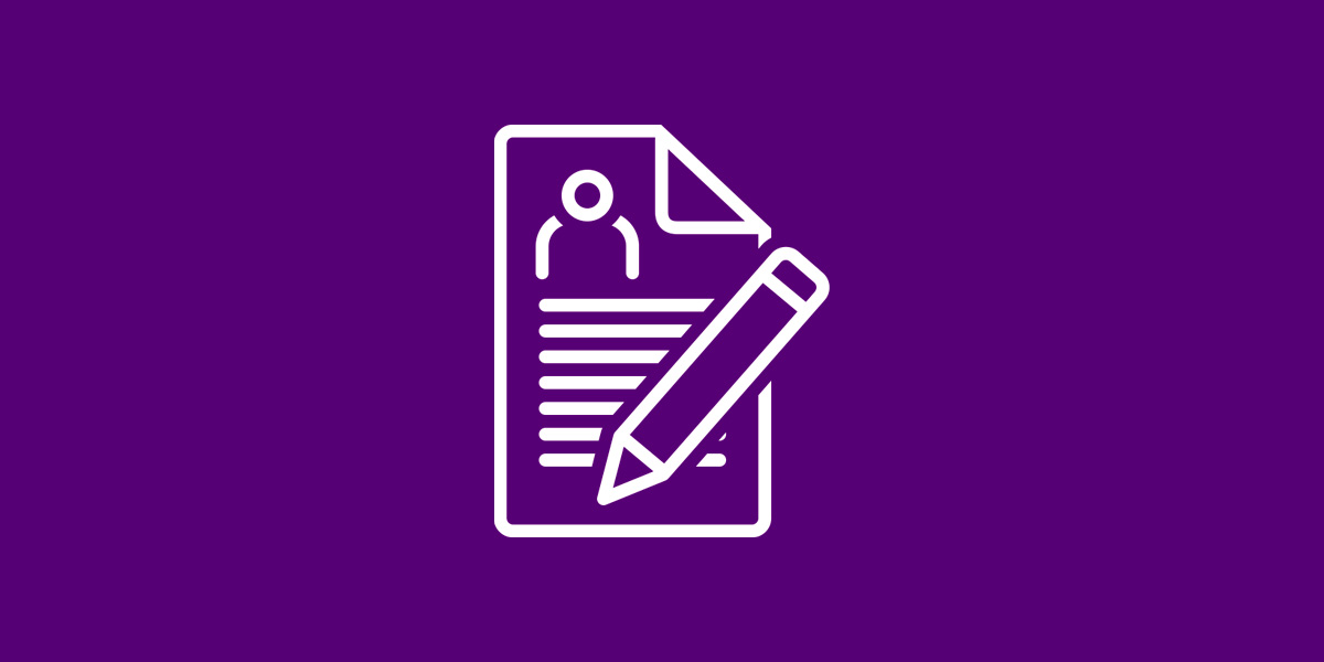White outline of a document with lines and a person icon, with a large pencil, on a solid purple background.