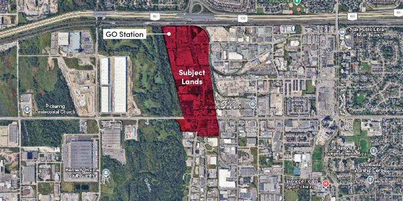 Aerial map showing an area labelled "Subject Lands" in red near a GO Station and surrounded by urban development.