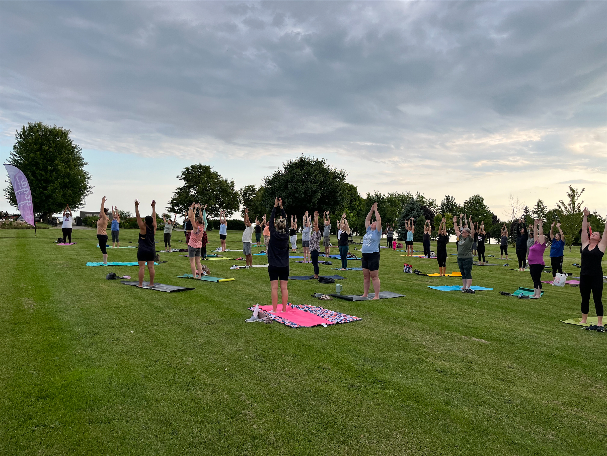 A group of people practise yoga outdoors on mats, standing with arms raised on a grassy field under a cloudy sky.