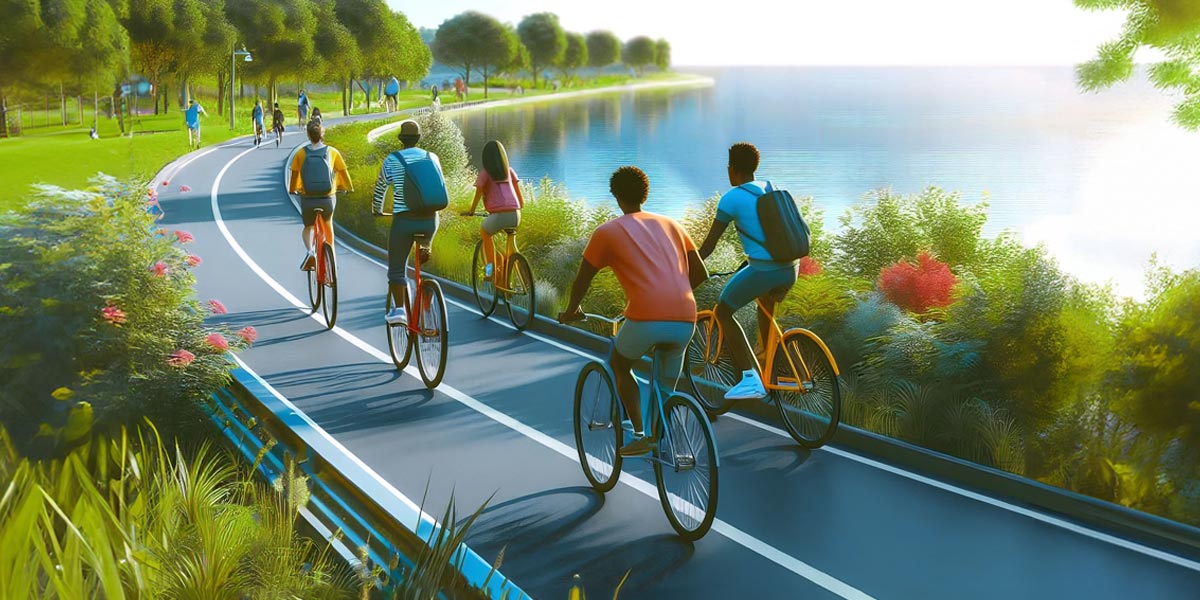 Five people ride bicycles along a paved path beside a lake, surrounded by greenery and trees on a sunny day.