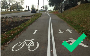 Divided path with painted symbols indicating separate lanes for cyclists and pedestrians; large green tick.
