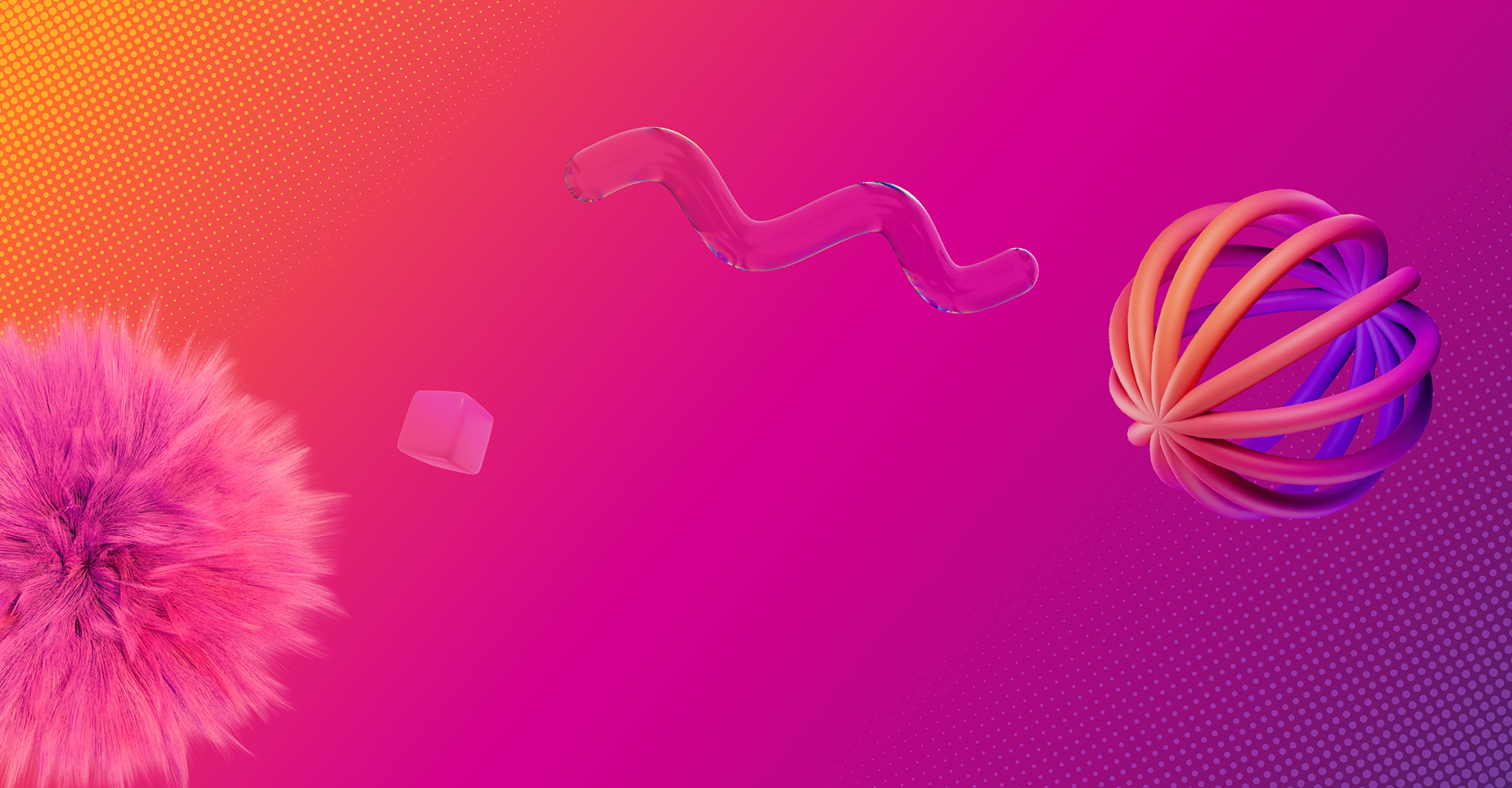 Abstract 3D shapes including a fuzzy sphere, pink cube, wavy tube, and twisted bands on a pink-orange gradient background.