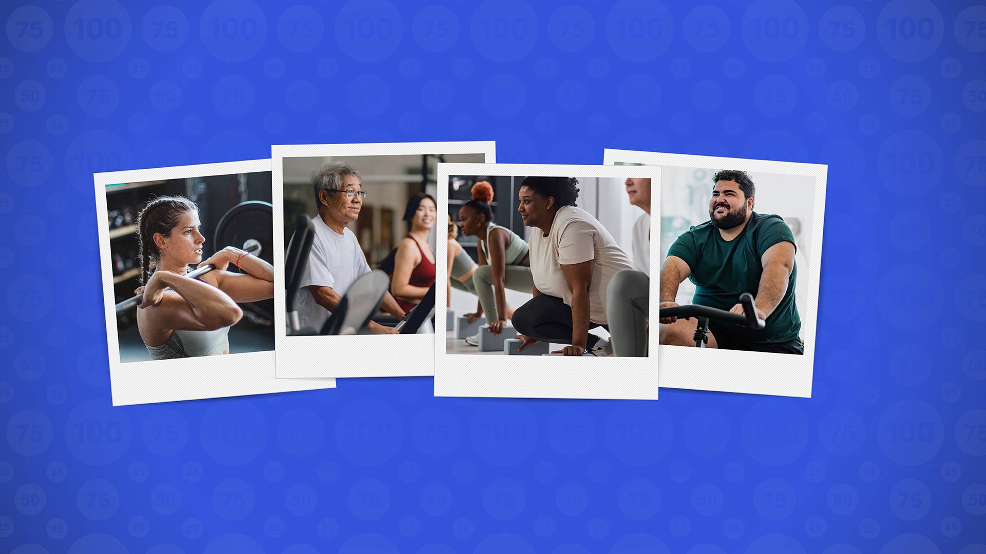 Polaroid images of a variety of people working out.