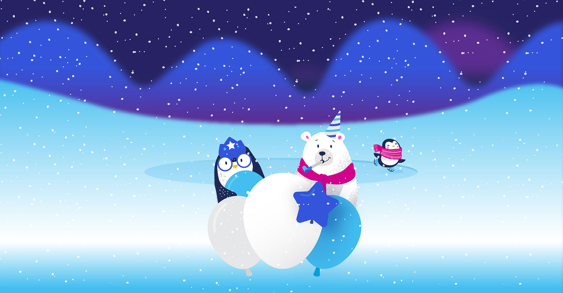 An illustration of animals with party hats celebrating in the snow.