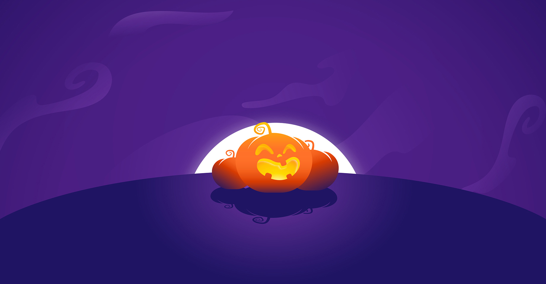 Illustration of a purple background with a jack-o-lantern in the foreground.