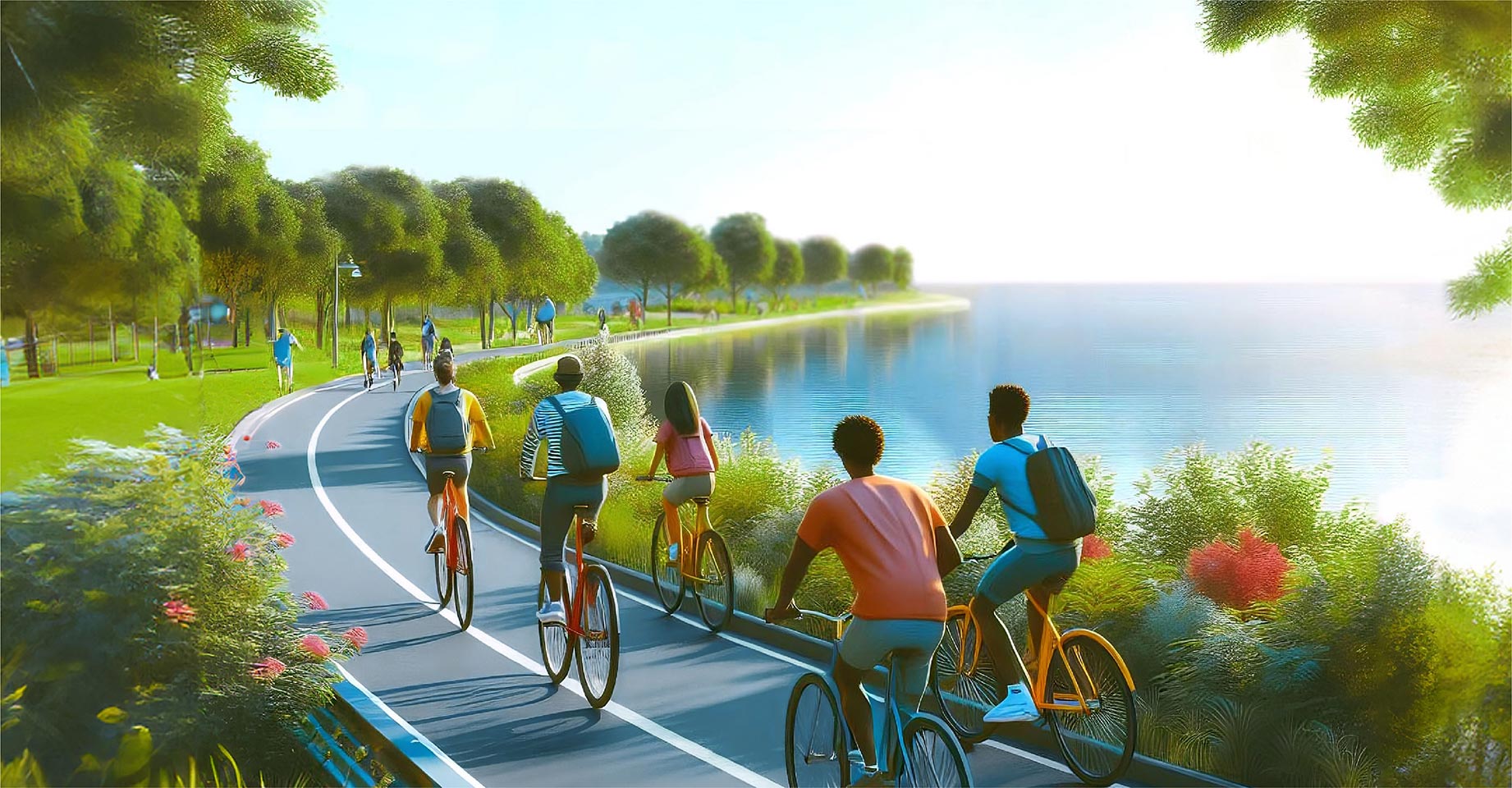Illustration of a group of people on bikes riding on a waterfront trail.