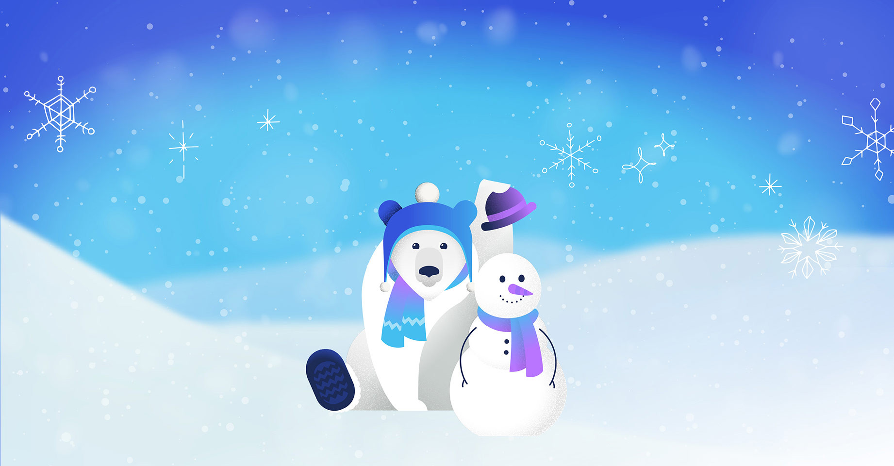 Illustration of two polar bears snuggling in the snow.