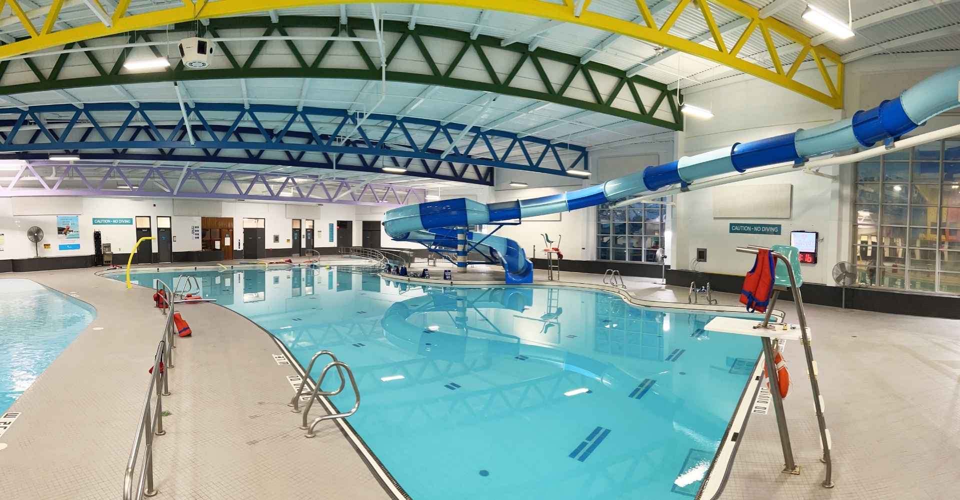 The pool at McLean Community Centre with a blue slide.