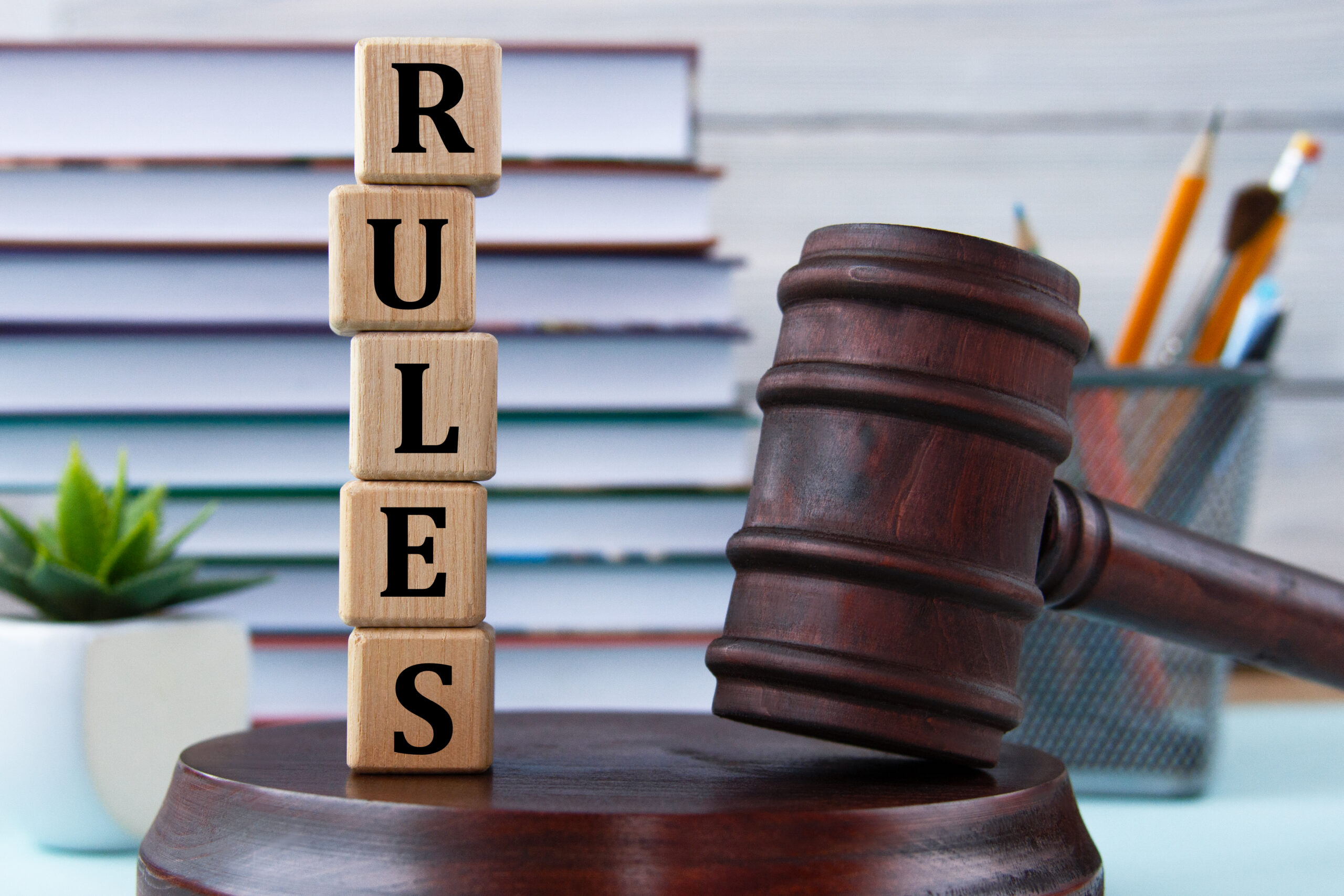 A gavel with building blocks next to it spelling the word "rules."