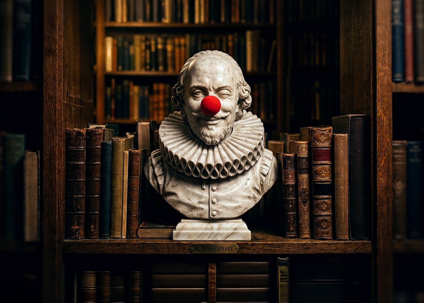 A statute of a clown that has a red nose with a library in the background