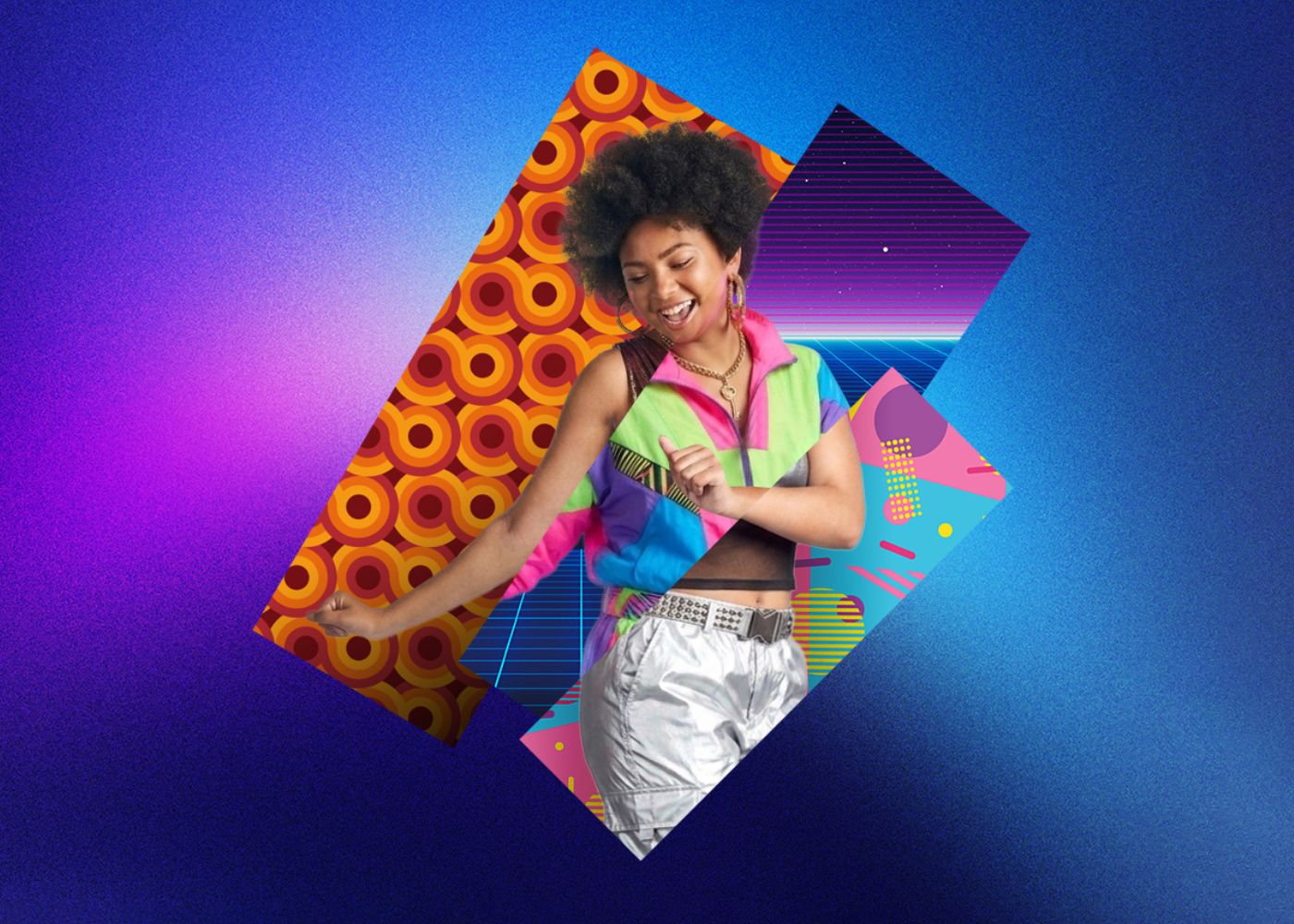 Girl dancing wearing clothing from 3 decades