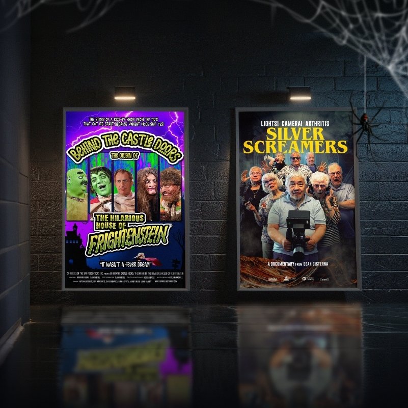Movie posters for both Behind the Castle Doors: The Origin of the Hilarious House of Frightenstein and Silver Screamers are displayed in a dark and spooky hallway.