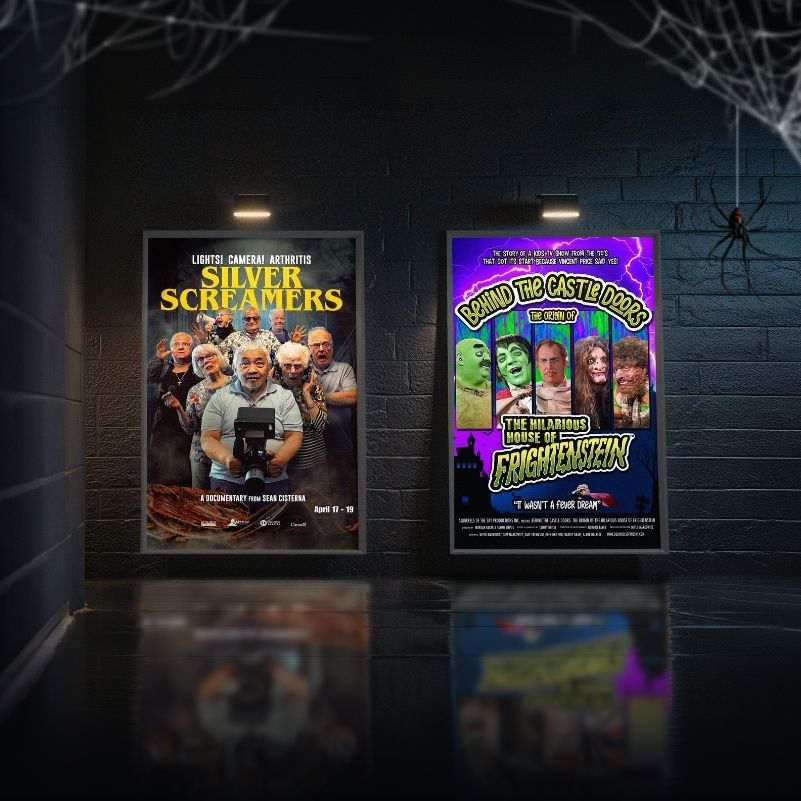 Movie posters for both Silver Screamers and Behind the Castle Doors: The Origin of the Hilarious House of Frightenstein are displayed in a dark and spooky hallway.