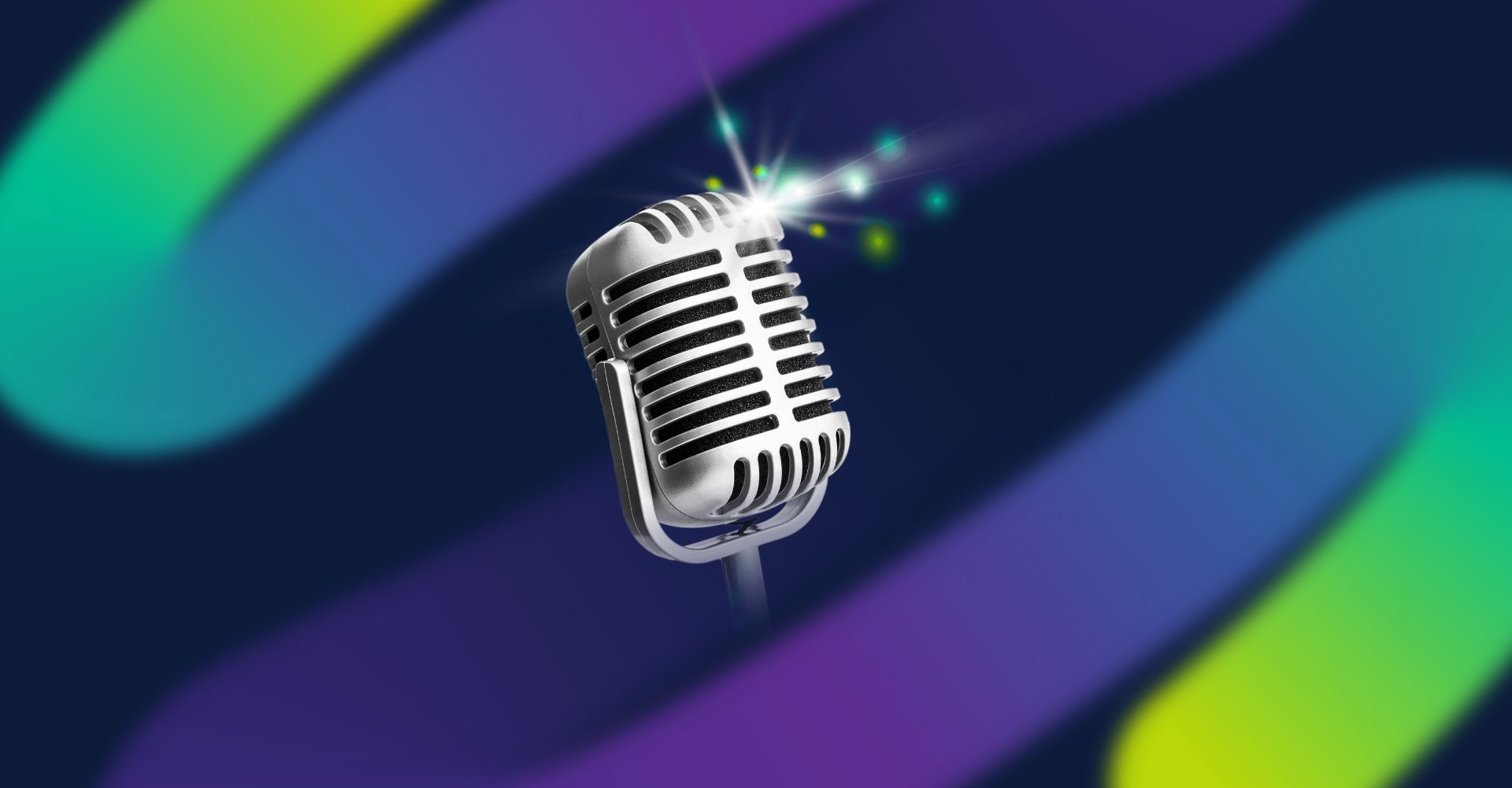 An illustration of a microphone with sparkles and a blue, purple and green background.