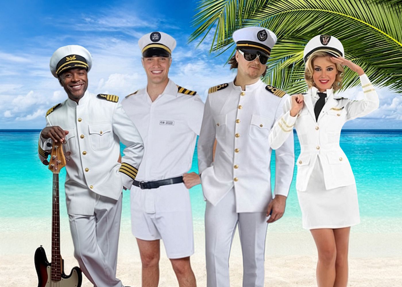 Four people standing side by side in a line, dressed in white captain-style uniforms posed against a tropical backdrop.