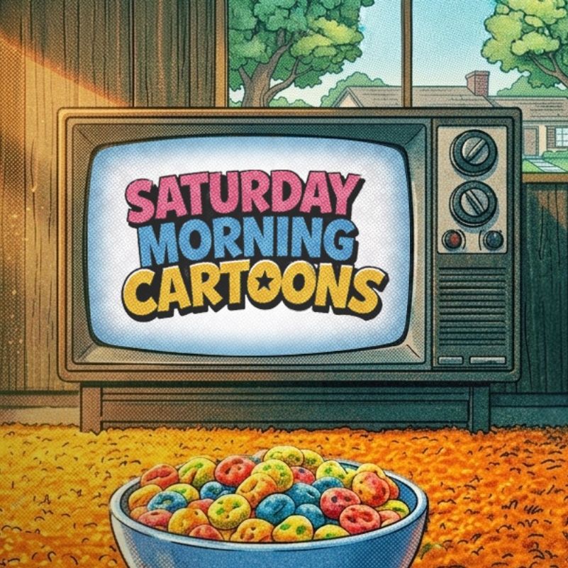 A bowl of sugar cereal in the foreground with a retro Television set in the background displaying the words Saturday Morning Cartoons.