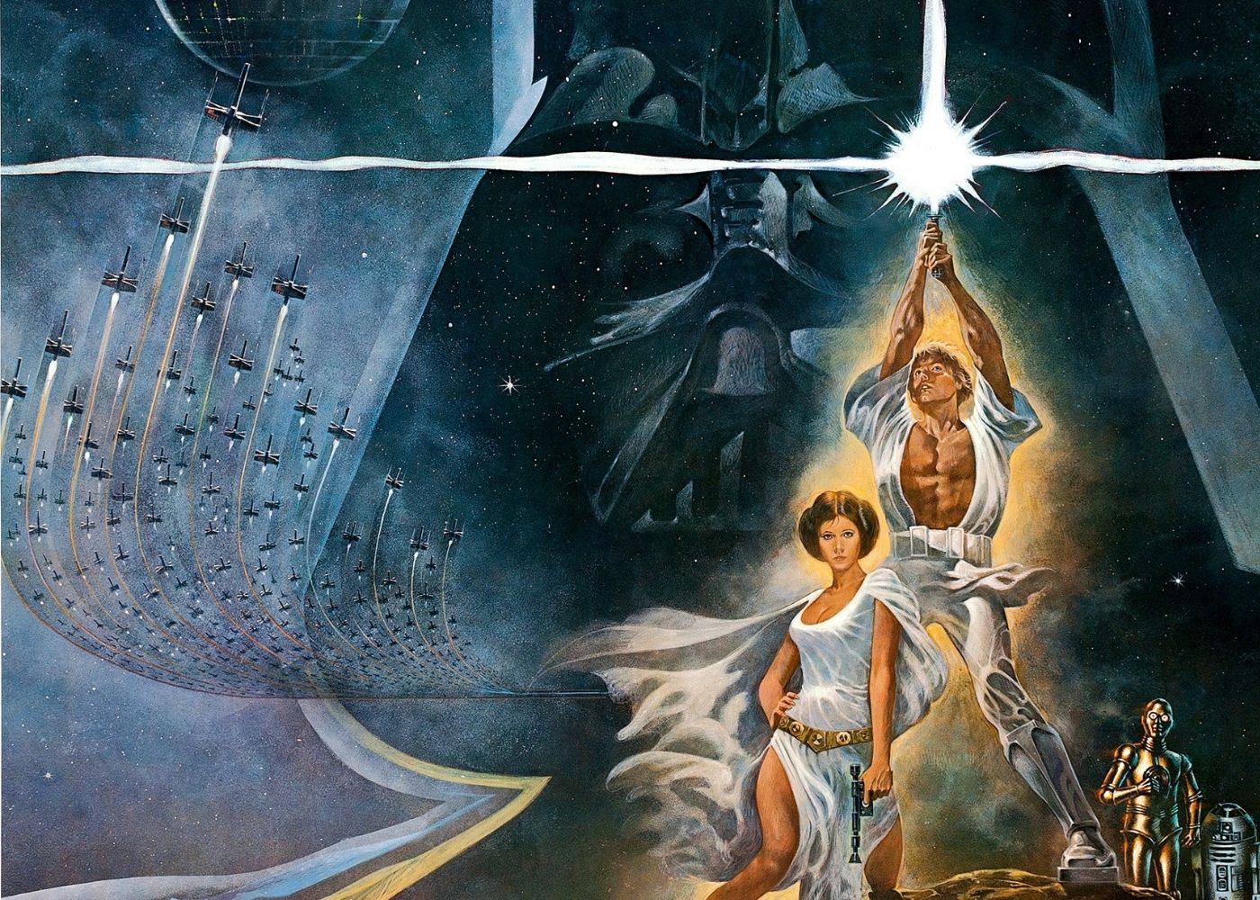 Dath Vadar stands behind Luke Skywalker and Princess Leia in her white gown, set against a dark, blue-tones space background