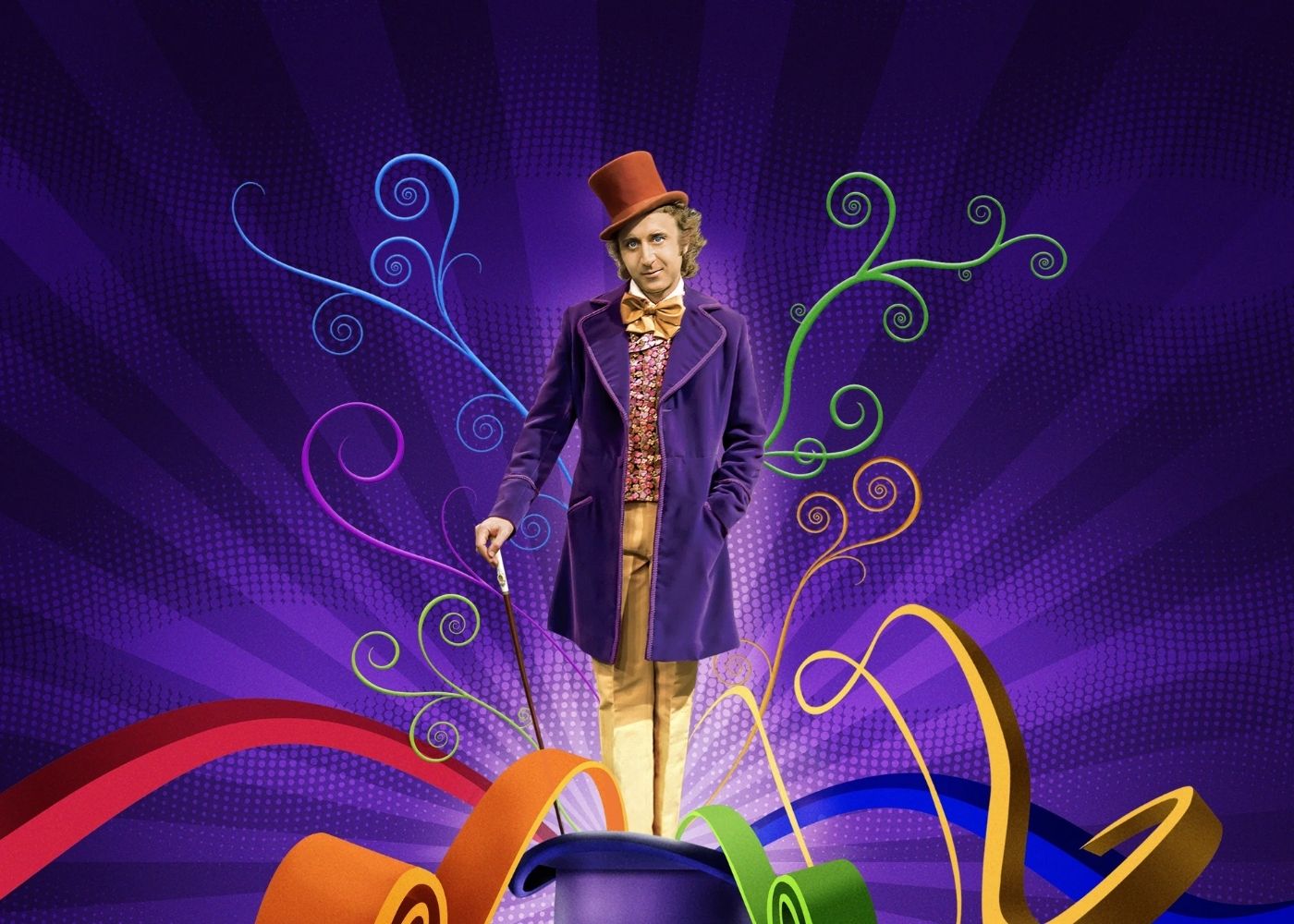 A man in a top hat dressed in a long purple jacket holding a cane standing in a purple hat with colorful swirls coming out of it