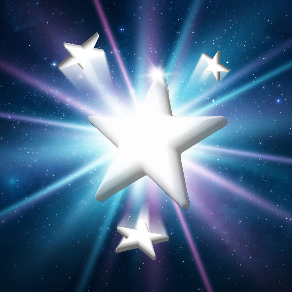 An illustration of four starts coming out of a blue and purple starburst.
